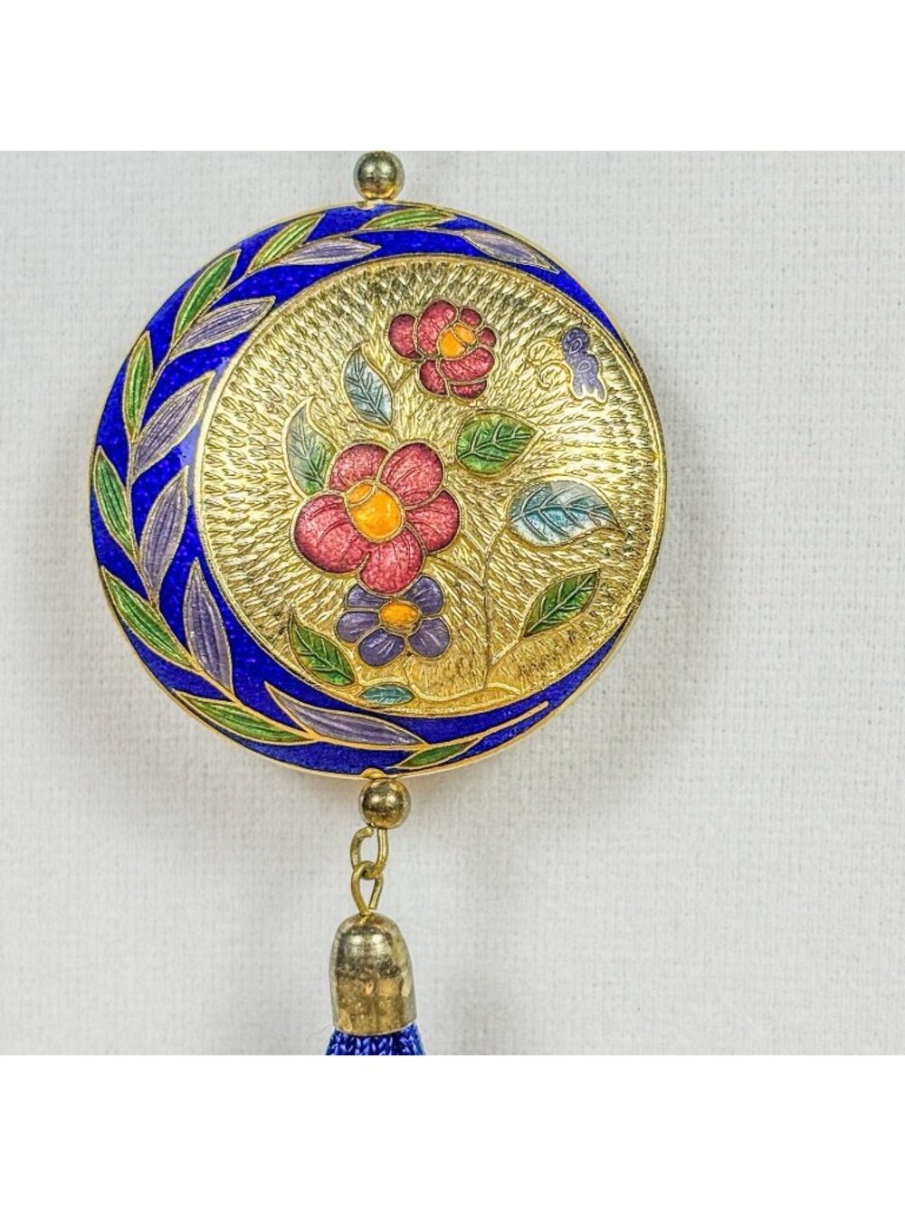Vtg Blue Cloisonné Enamel Crescent Moon Floral Pendant Boho Fairycore C81